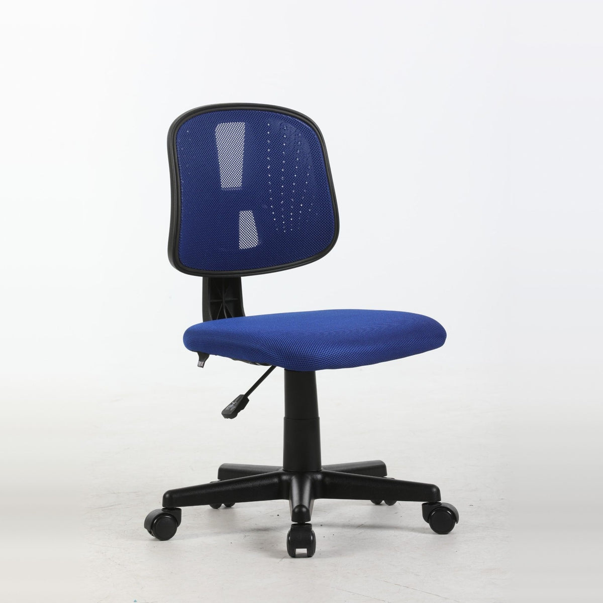 ALBA armless study chair in blue, three-quarter view