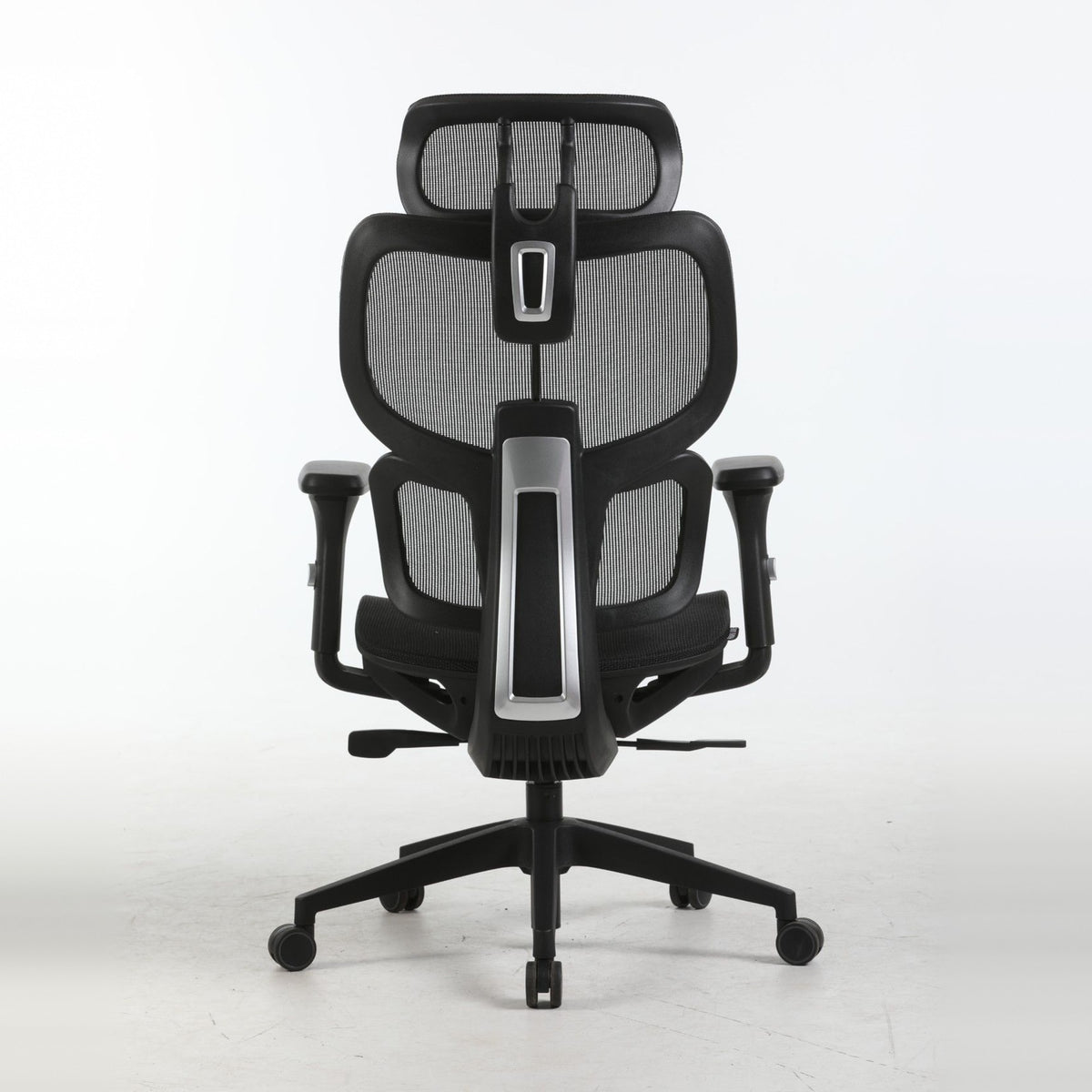SILAS office chair in black, back view of the dual-level mesh