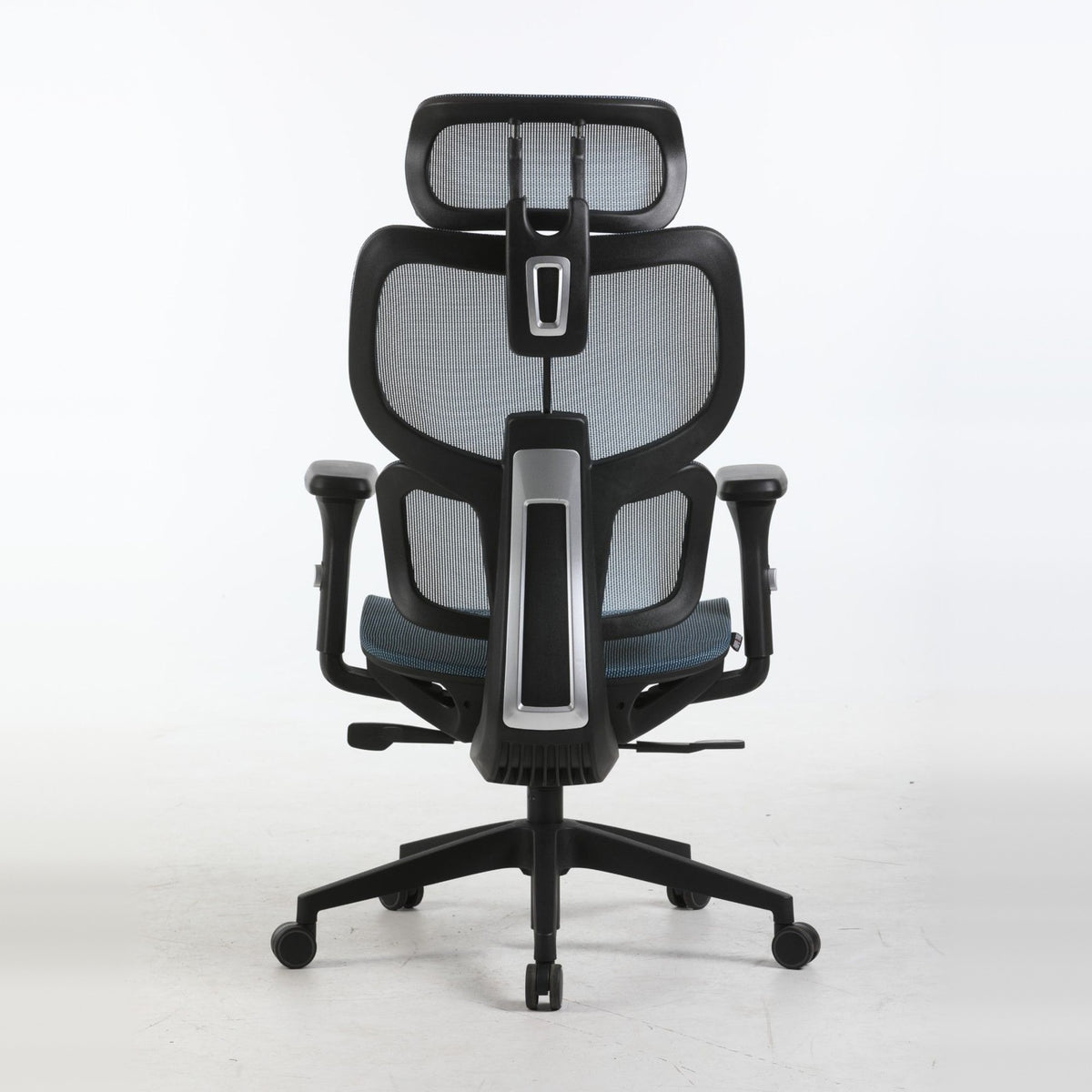 SILAS office chair in blue, back view of the dual-level mesh