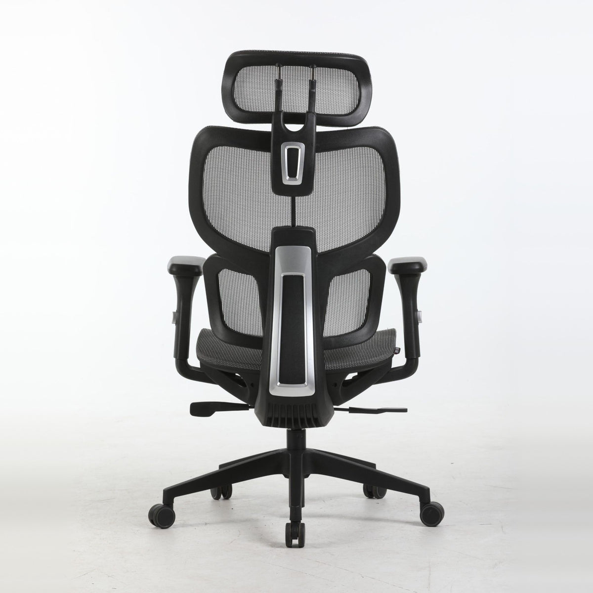 SILAS office chair in grey, back view of the dual-level mesh